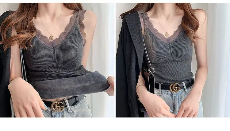 Thermal Underwear Inner Vest For Women Warm Winter Sexy Lace Sleeveless Tank Tops Padded Bra Thermo Thick Slimming Undershirt