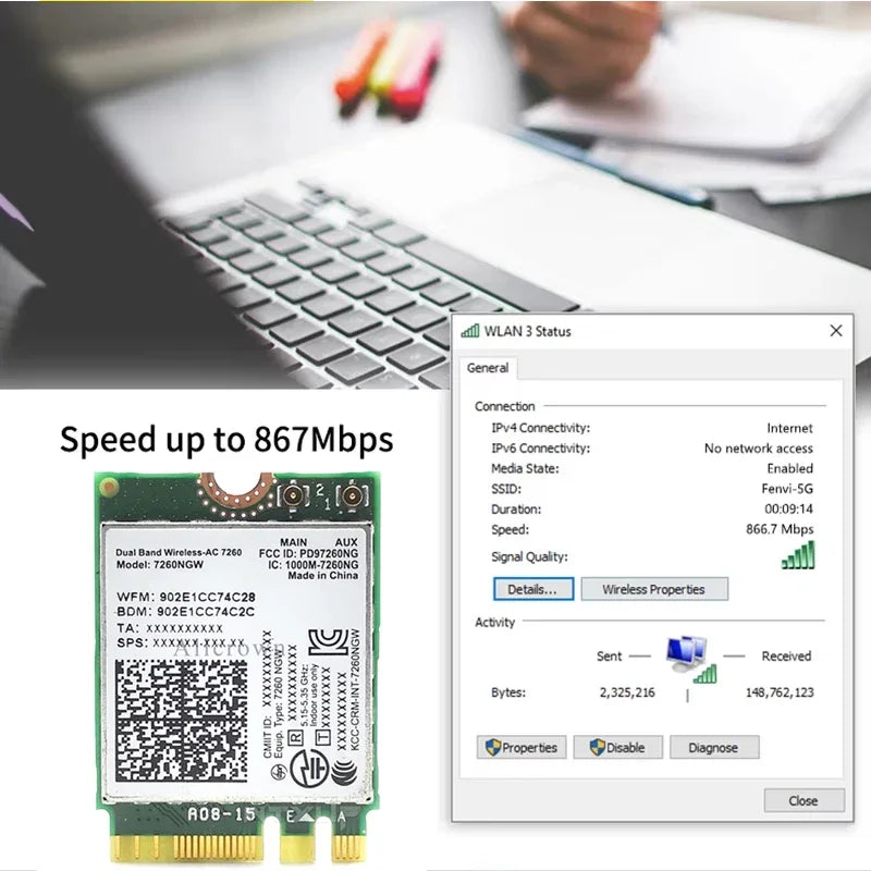 7260NGW M.2 Wifi Wireless Card 1200Mbps Dual Band 2.4G 5G Bluetooth 4.0 802.11AC Adapter Card With Antenna For Laptops Desktop
