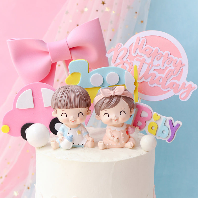 Baby Shower Boy Girls Cake Decoration Happy Birthday Cake Topper Bow Aircraft Car Cupcake Toppers Gender Reveal Baking