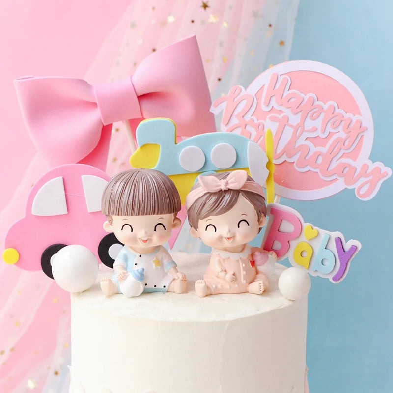 Baby Shower Boy Girls Cake Decoration Happy Birthday Cake Topper Bow Aircraft Car Cupcake Toppers Gender Reveal Baking