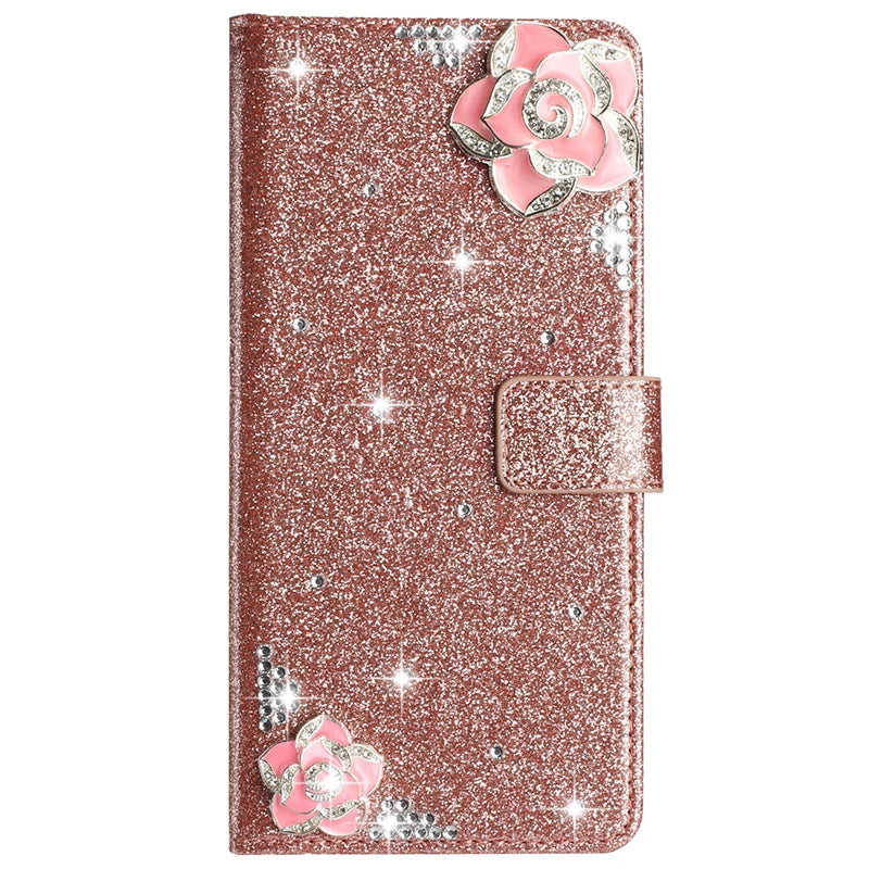 Flash Drill Small Flower Wallet Luxury Glitter Case For iPhone 17 ProMax Air 16 E Pro 15 14 Plus 13 12 Mini 11 Pro Max Cover