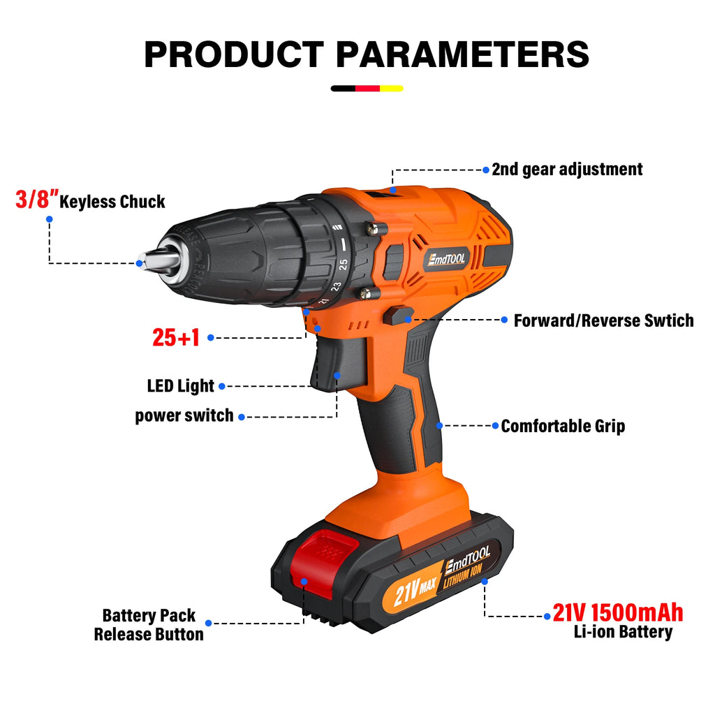 45Nm Cordless Drill with 2 X 1.5Ah Li-Ion Batteies and Charger, 140W, 25+1 Torque, 2 Speed, 2700RPM, 29 Accessories, Carry Case