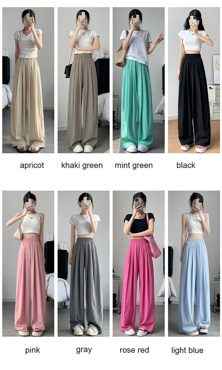 BIVIGAOS Lazy Style Loose Wide Leg Pants Women Summer Coloured Thin Casual Tide Straight Ice Silk Japanese Sunscreen Pants