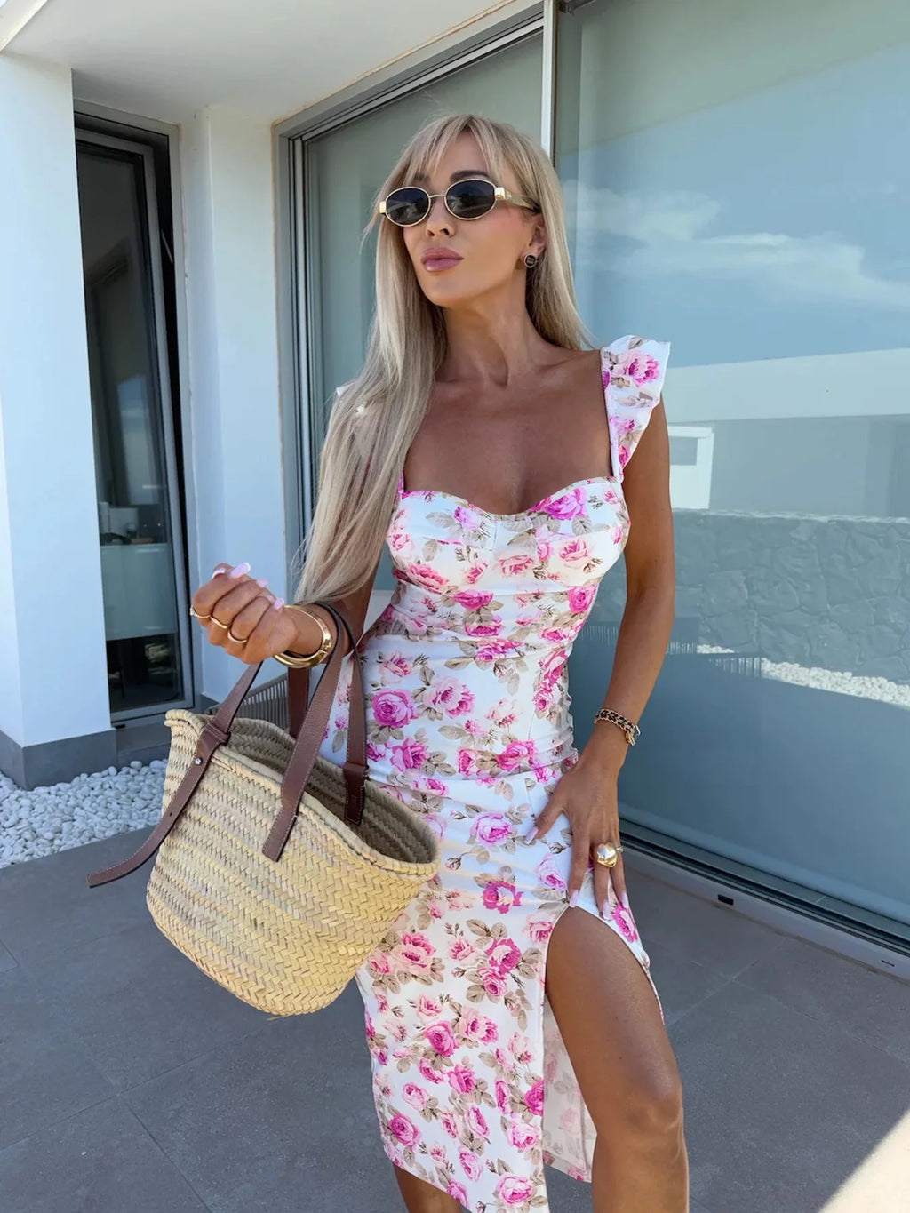 New European and American summer elegant design French flower suspender slit midi-length ladies dress