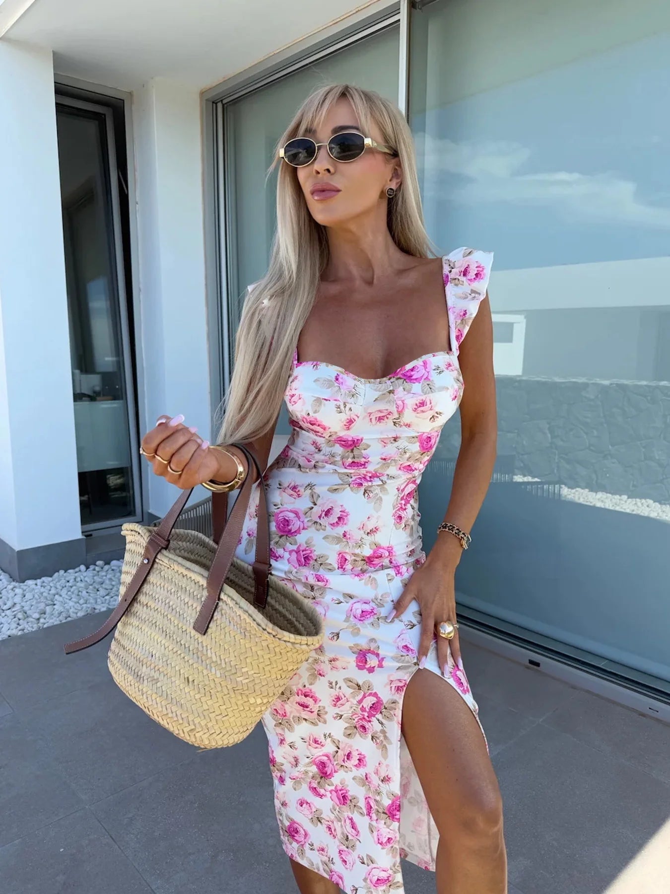 New European and American summer elegant design French flower suspender slit midi-length ladies dress