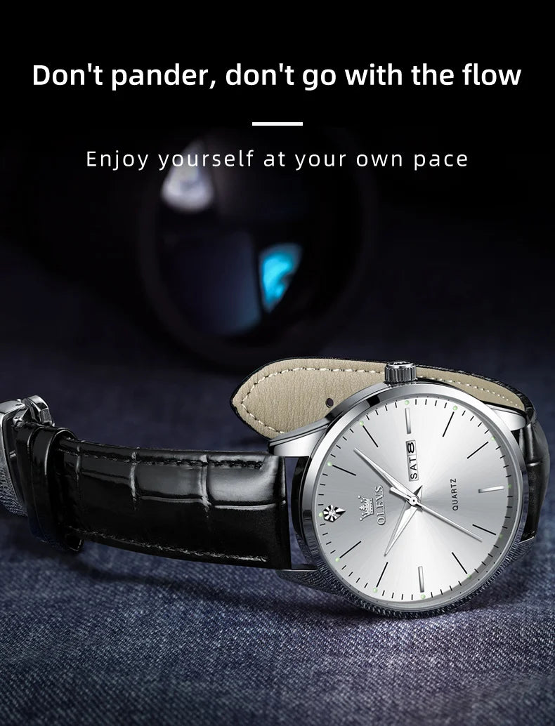 OLEVS 2935 Original Business Men Watch Leather Strap Trend Week Calendar Quartz Watch Luminous Waterproof 43mm Dial wristwatch