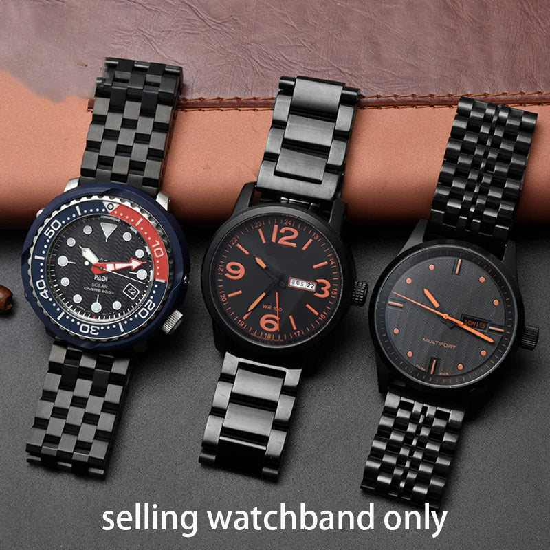Black Precision Steel Watch strap Chain Accessories 20MM 22MM for Seiko MIDO Citizen Bracelet Men's Wristband
