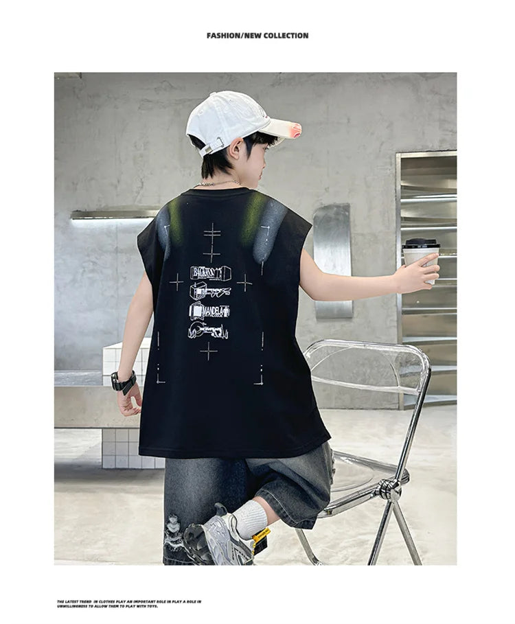 Junior Boys Summer Suit Children's Fashion Sleeveless Vest and Hole Jeans Shorts Clothing Sets for Kids 5 7 9 11 13 14 Years Old