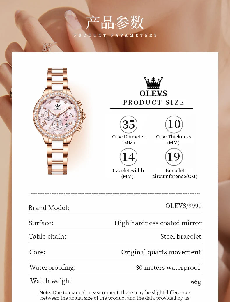 OLEVS Diamond Quartz Watch for Women Luxury Elegant Ceramics Strap Rhombic Mirror Ladies Wristwatch Waterproof Chronograph Clock