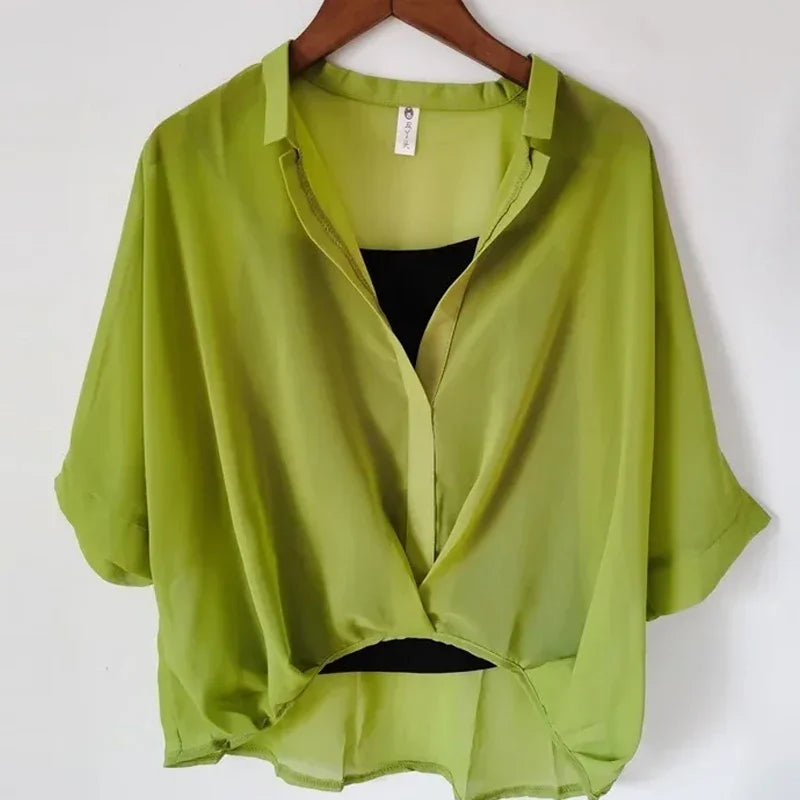 Summer Two Piece Set Chiffon Blouse Half Sleeve Loose V-Neck Women Shirts Elegant Casual Tops