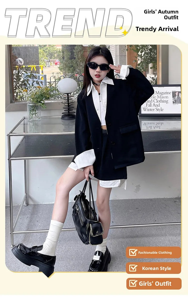 Girls' Suit Set Ages 5-14 Trendy Spliced Two-Piece Outfit with Jacket And Short Skirt for Children's Fashion Shows Machine Wa...
