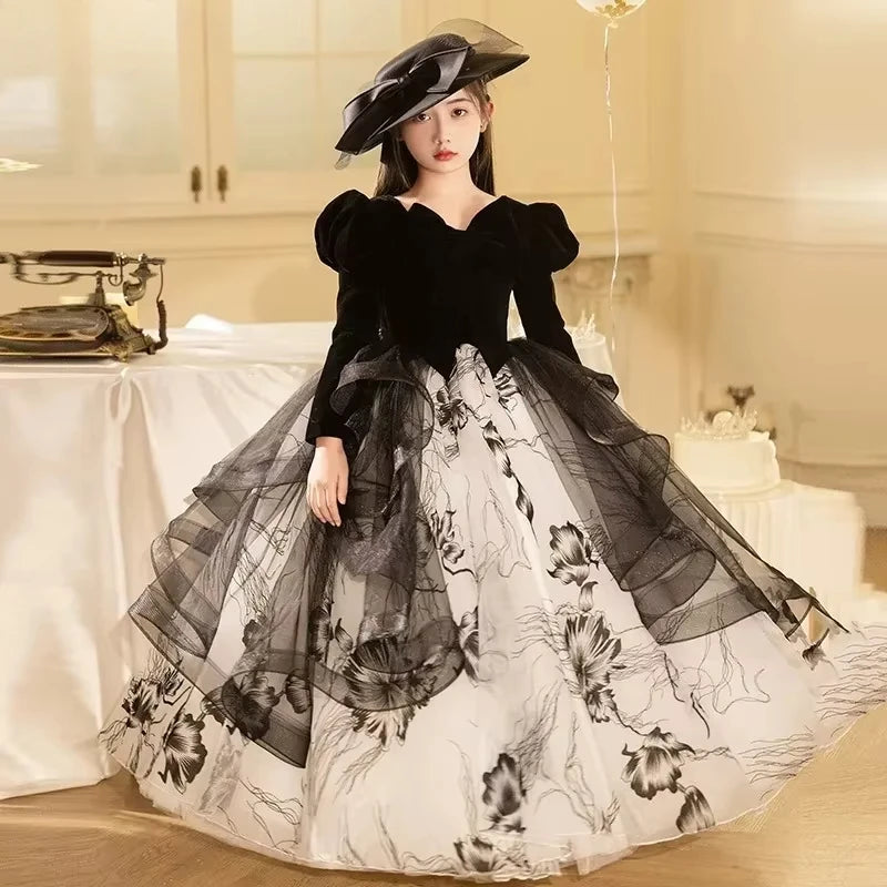 Girls' Spring Dress 3-14y Sweet Girls Floral Puff Long Sleeve PrincessCostumes Vestidos Dresses Kid's Clothes Children's Mes