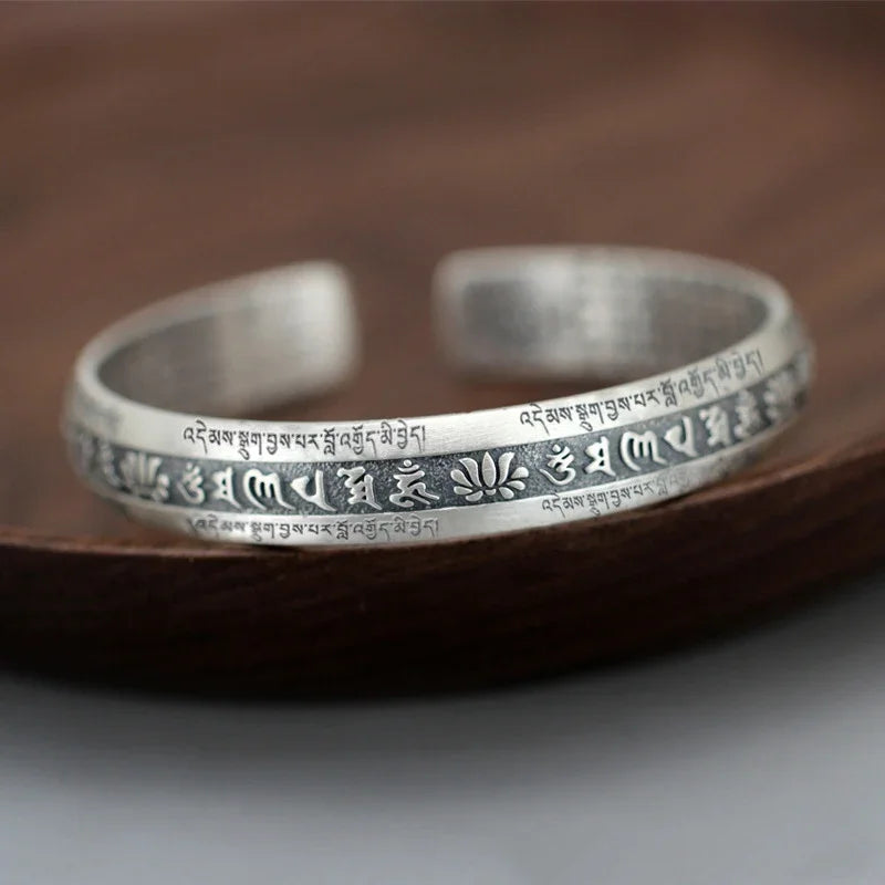 925 Silver Carved Prajnaparamita Heart Sutra Lotus Flower Bracelet Six Character True Words Wide Vintage Bangles Jewelry