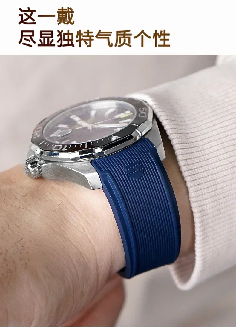 Silicone Watch Straps For Tag Heuer CARRERA AQUARACER 300 WAY201A WAY211C Rubber Black Blue Watch Accessories Band 22mm