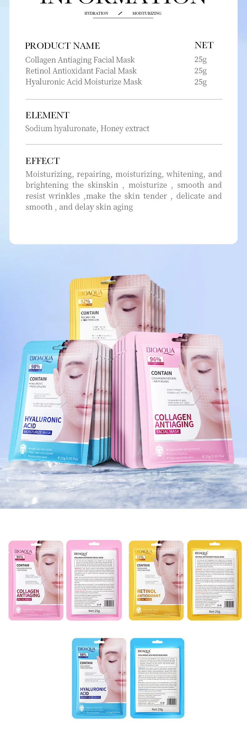 10pcs BIOAQUA  Hyaluronic Acid Retinol Collagen Facial Masks Hydrating Brightening Moisturizing Face Mask Facial Skin Care