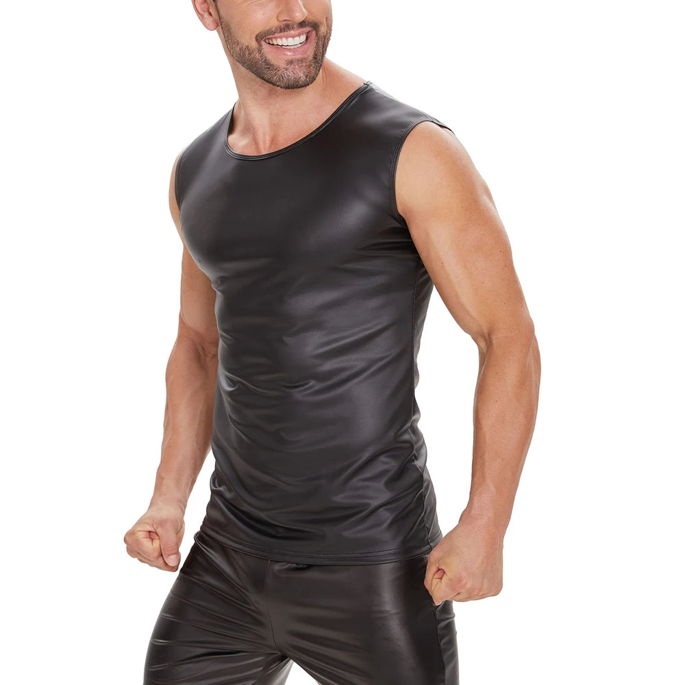 S-5XL Sleeveless Matt Faux PU Leather Tank Top Men Fitness Gym Muscle Shirt Tight Bodybuilding Tanktop Hot Body Shaper Shapewear