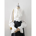 MEXZT Vintage White Shirts Women Elegant Ruffles Flare Long Sleeve Blouses Office Ladies Korean Single Breasted Design Chic Tops