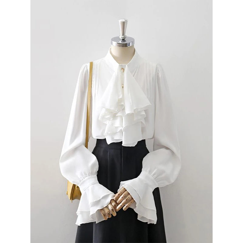 MEXZT Vintage White Shirts Women Elegant Ruffles Flare Long Sleeve Blouses Office Ladies Korean Single Breasted Design Chic Tops