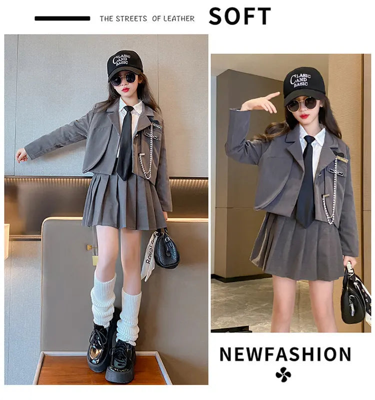 Junior Girl JK School Uniform Set Unique Formal Chain Smart Jackets and Pleated Skirt 2Pcs School Kids Child Uniform Blazer Suit