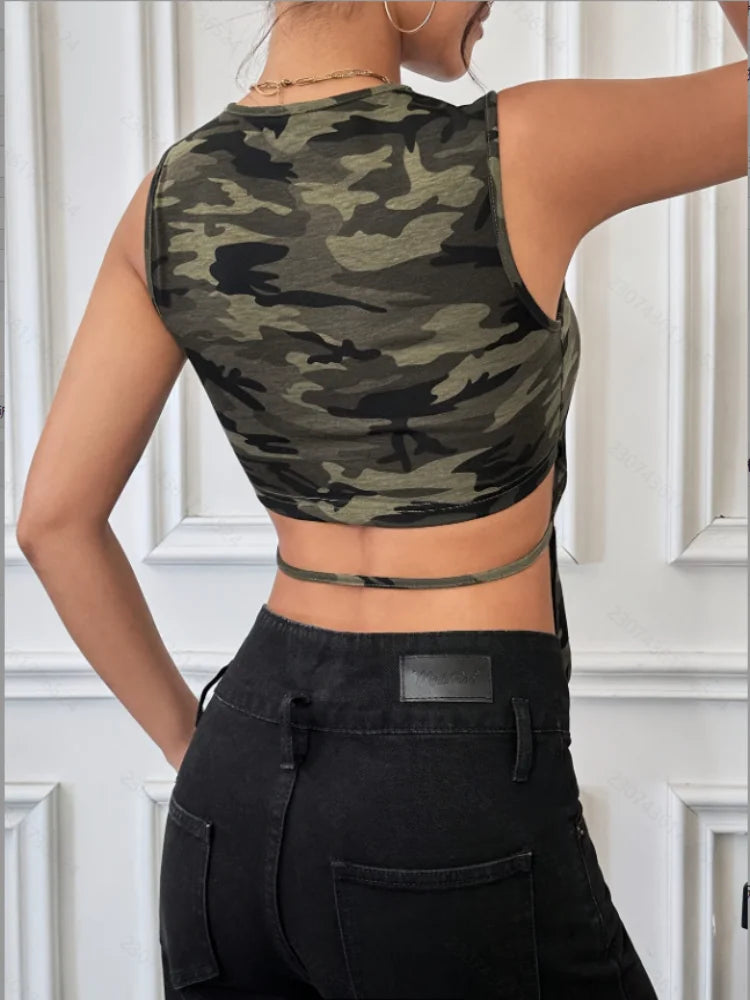 Summer Casual Sleeveless Tank Top Women's Camouflage Pattern Longer Front and Shorter Back Vest Suitable for Fitness and Sports