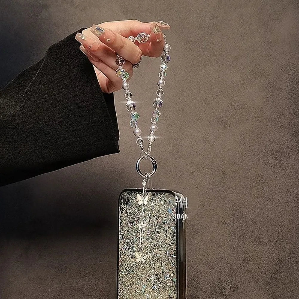 Luxury Sparkle Butterfly Rhinestone Bead Phone Bracelet Strap Charm Chain Knot Cellphone Lanyard Keychain Bag Camera Keychain Pe