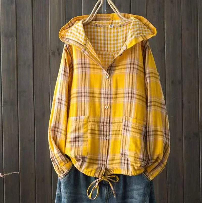 Large size blouses for women autumn hooded long sleeve single-breasted plaid shirts cotton checkered oversized shirt outwear