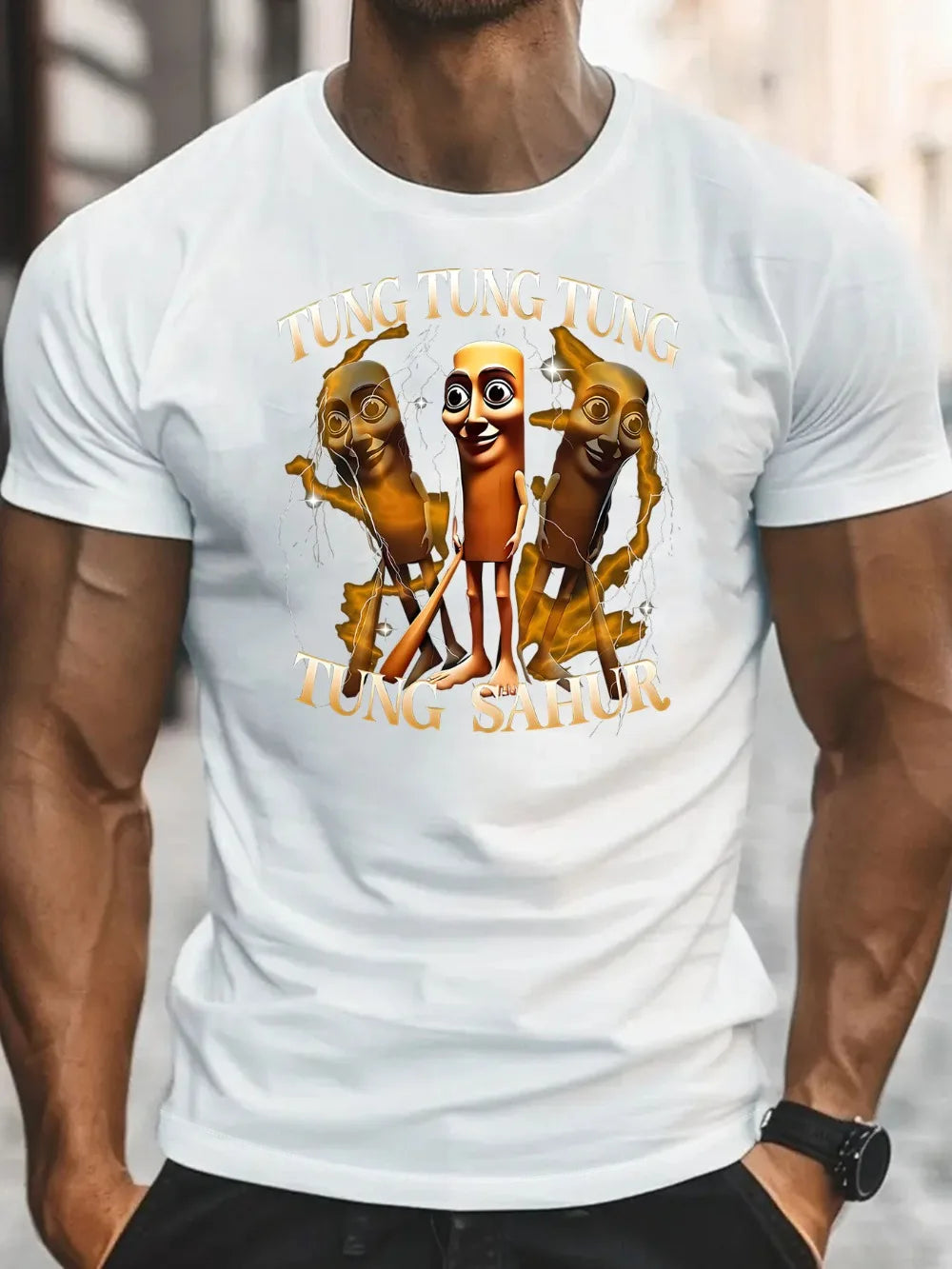 Tung Tung Tung Sahur Men's Funny Baseball Bat Italian Brainrot Graphic T-Shirt Retro Cartoon Print White Round Neck Short Sleeve