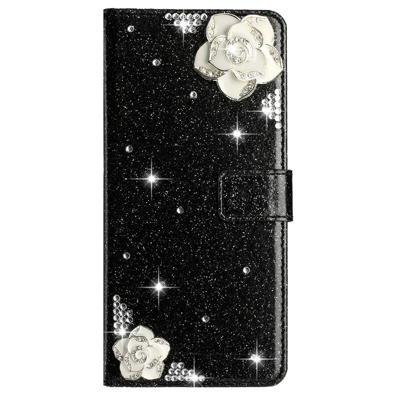 Flash Drill Small Flower Wallet Luxury Glitter Case For iPhone 17 ProMax Air 16 E Pro 15 14 Plus 13 12 Mini 11 Pro Max Cover