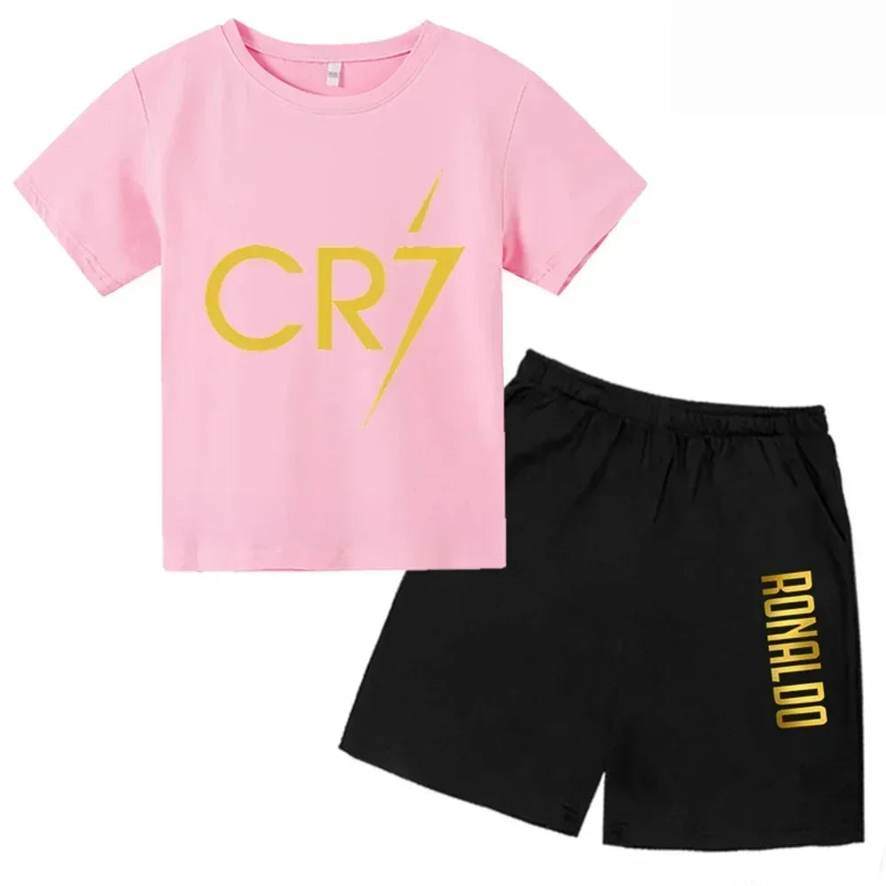 Summer CR7 Star Print Kids T-shirt Top and Shorts 2pcs Set Boys/Girls 3-13Y Children Clothes Sunshine Casual Fashion Sportsuit