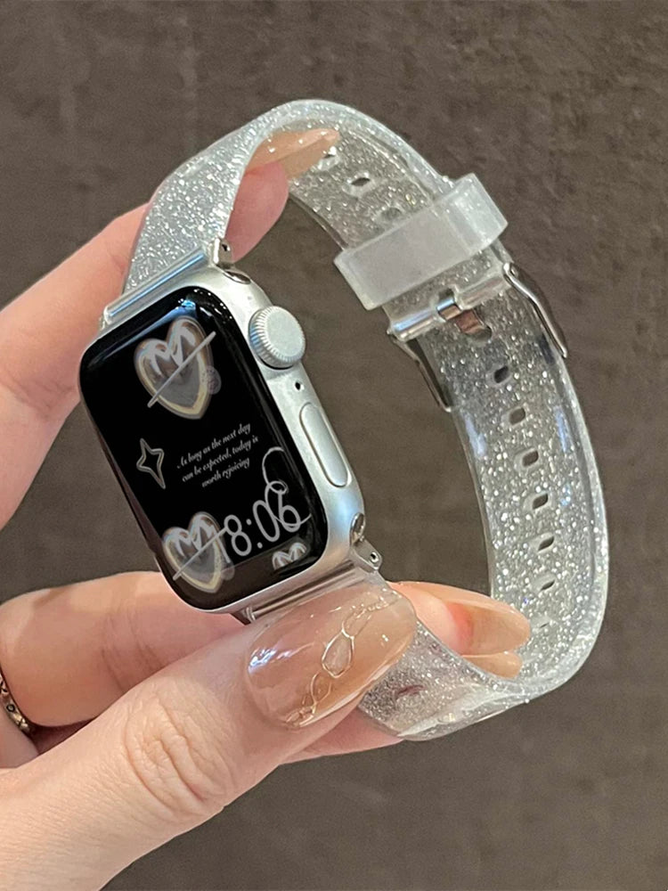Luxury Glitter Clear Band For Apple Watch Strap 41mm 45mm 44mm 40mm 38mm Girl Sport Plastic Starp For iWatch 9 8 7 6 5 4 3 2 SE