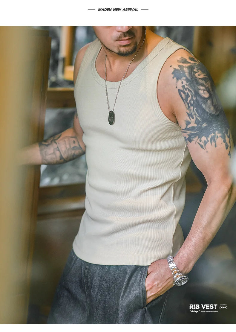 Maden Men's Retro Solid Color Slim Fit Sleeveless Vest T-Shirt Sports Fitness Threaded Inner Bottoming Shirt for Summer Tank Top