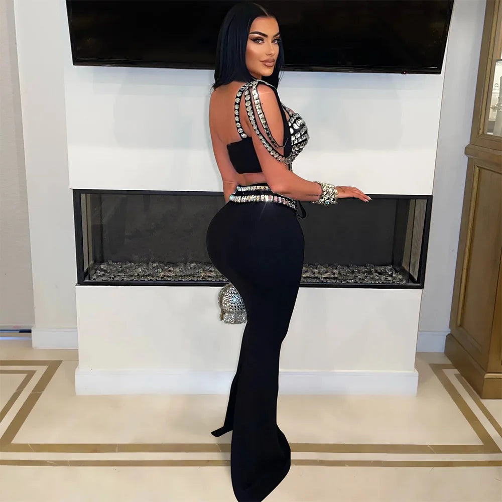 Women Dress Sets Floor Length Buttocks Skirts Two Pieces Set Matching Sets Diamonds Camisole High Street Party Night Evening