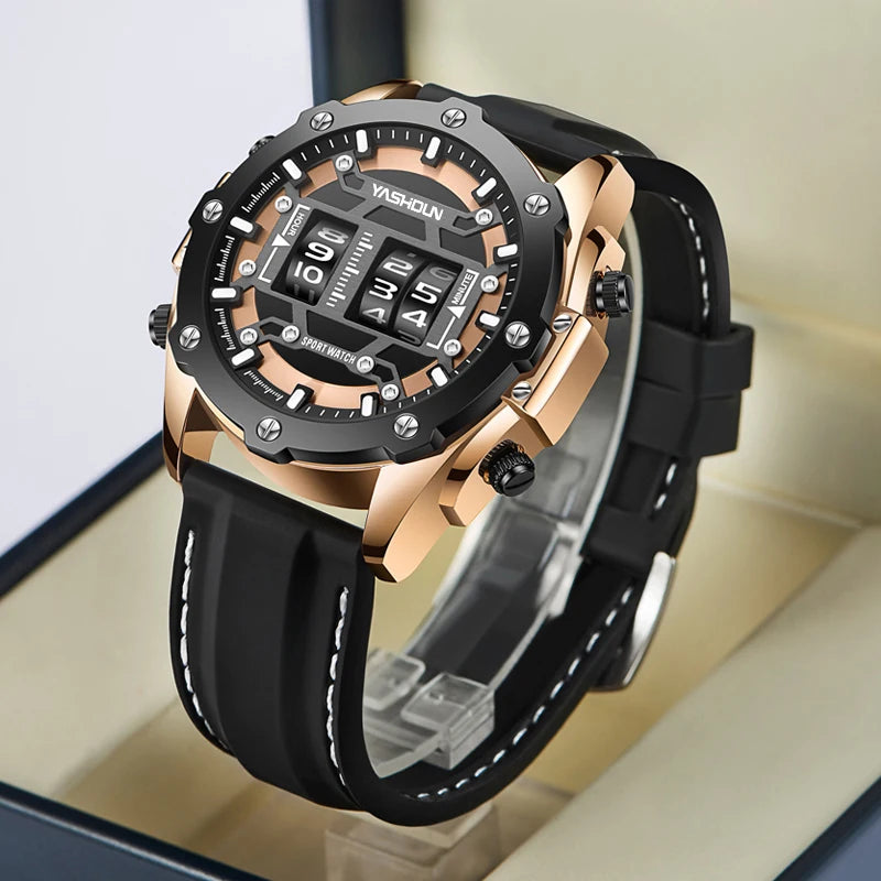 Men Quartz Watch Roller Digital Dial Design Silicone Strap Versatile Wristwatch Clock Waterproof Military Sports Clock