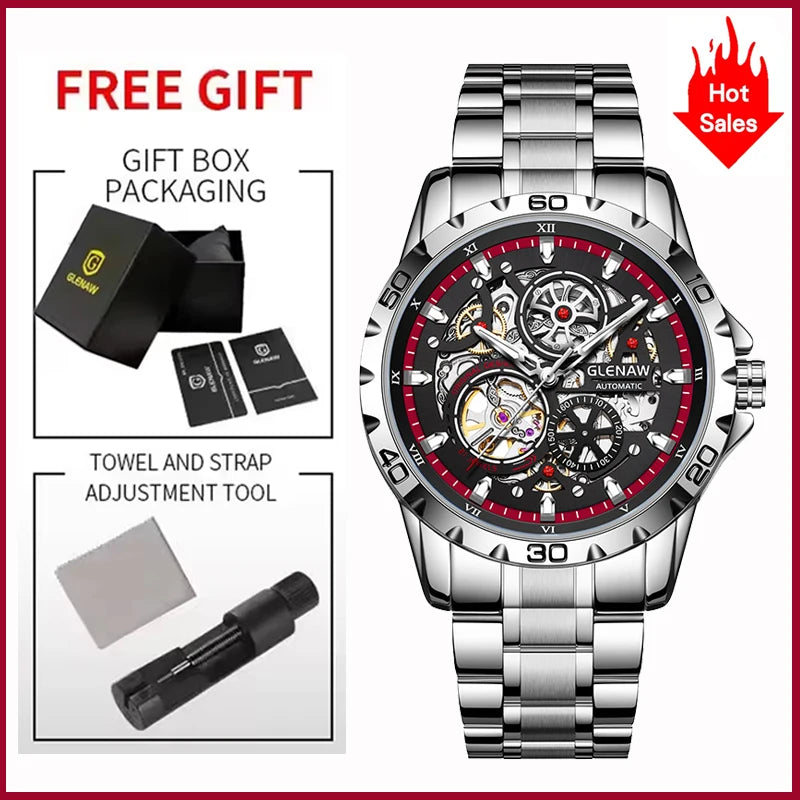 2025 GLENAW NEW Steampunk Skeleton Men Watch Luxury Automatic Mechanical Watches Luminous waterproof Stainless Steel Strap Watch