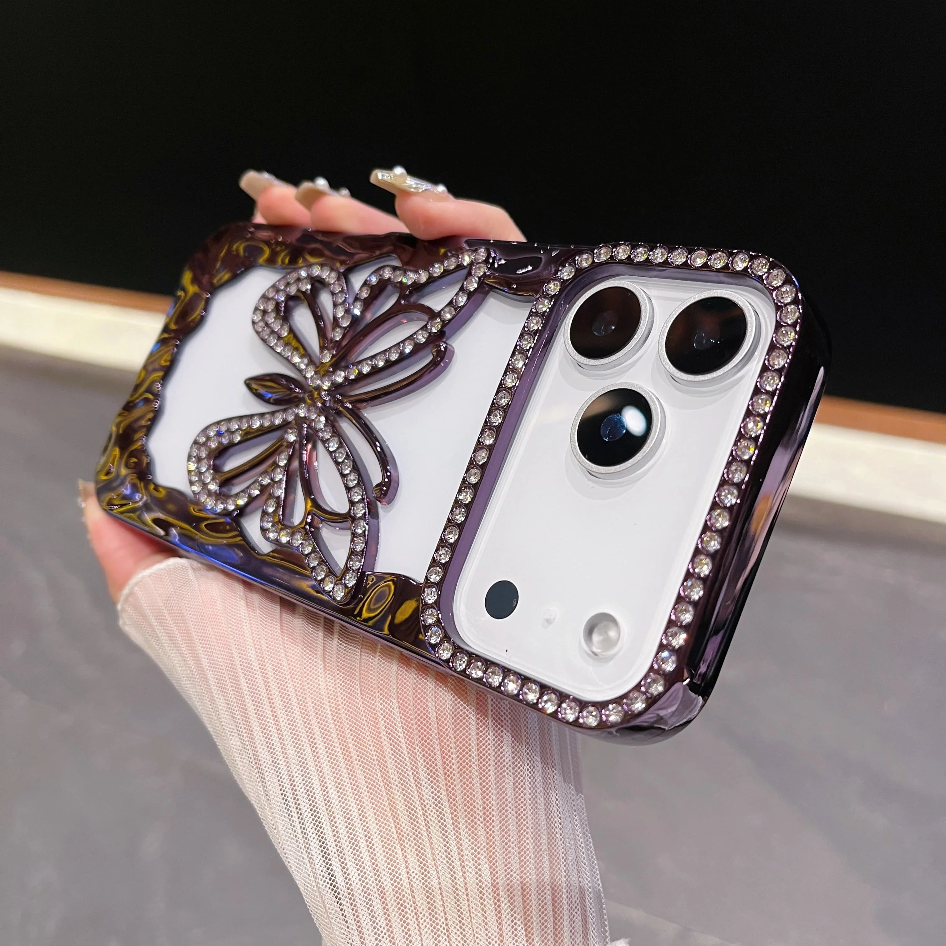 Bling Diamond Hollow Butterfly Phone Case For iPhone 17 Air 16 15 14 Plus 13 12 11 Pro Max Plating Glitter Shockproof Soft Cover