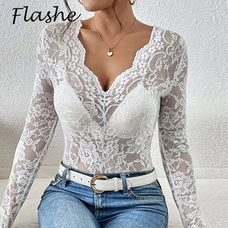 Sexy Lace T Shirt Women Elegant V Neck Slim Tops Female Fashion Solid Long Sleeve Shirts For Women Tee White Black