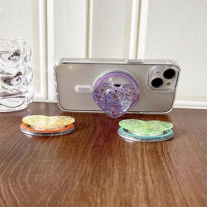 Stylish Glitter Sequins Love Heart Smart Tok For Magsafe Magnetic Phone Griptok Grip Tok Stand Universal Phone Smart Tok Holder