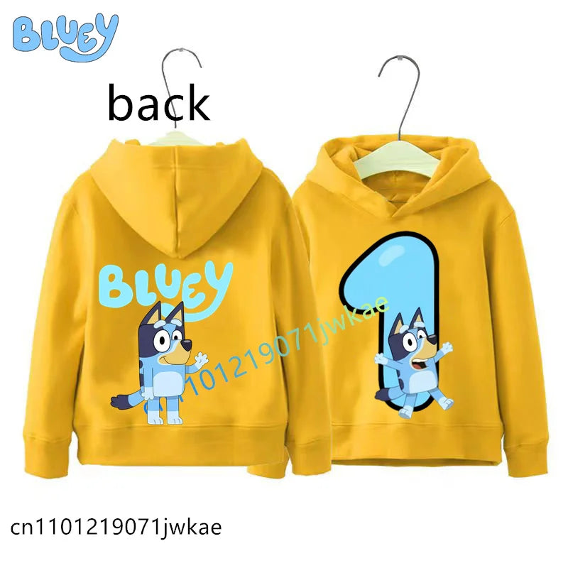 Bluey Birthday Number Print Hoodie Kids 1-9Y Front Back Design Long Sleeve Sweatshirt Boys Girls Casual Tops Birthday Party Wear