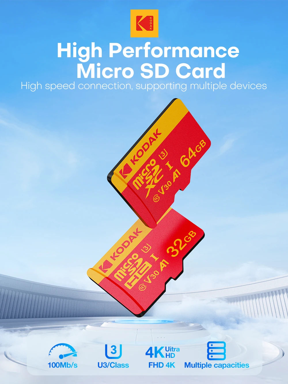 KODAK MicroSD Memory Card 256GB Recorder Storage High Speed 128GB monitoring SD Card 64GB 32GB TF Gaming Microsd Class10 U3 V30