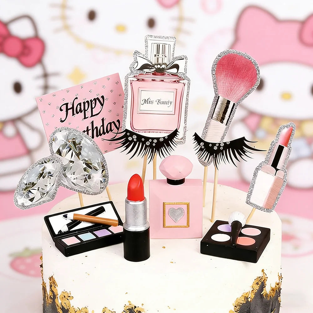 Lovely Girls Birthday Party Cosmetics Cake Toppers Lipstick Perfume Bottle Eyeshadow Box For Lady Mom Cupcake Decor Supplies Set