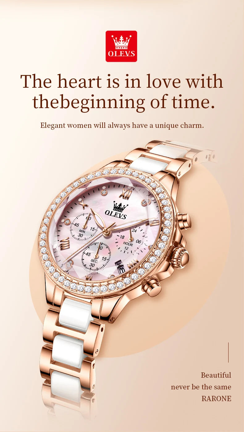 OLEVS Diamond Quartz Watch for Women Luxury Elegant Ceramics Strap Rhombic Mirror Ladies Wristwatch Waterproof Chronograph Clock