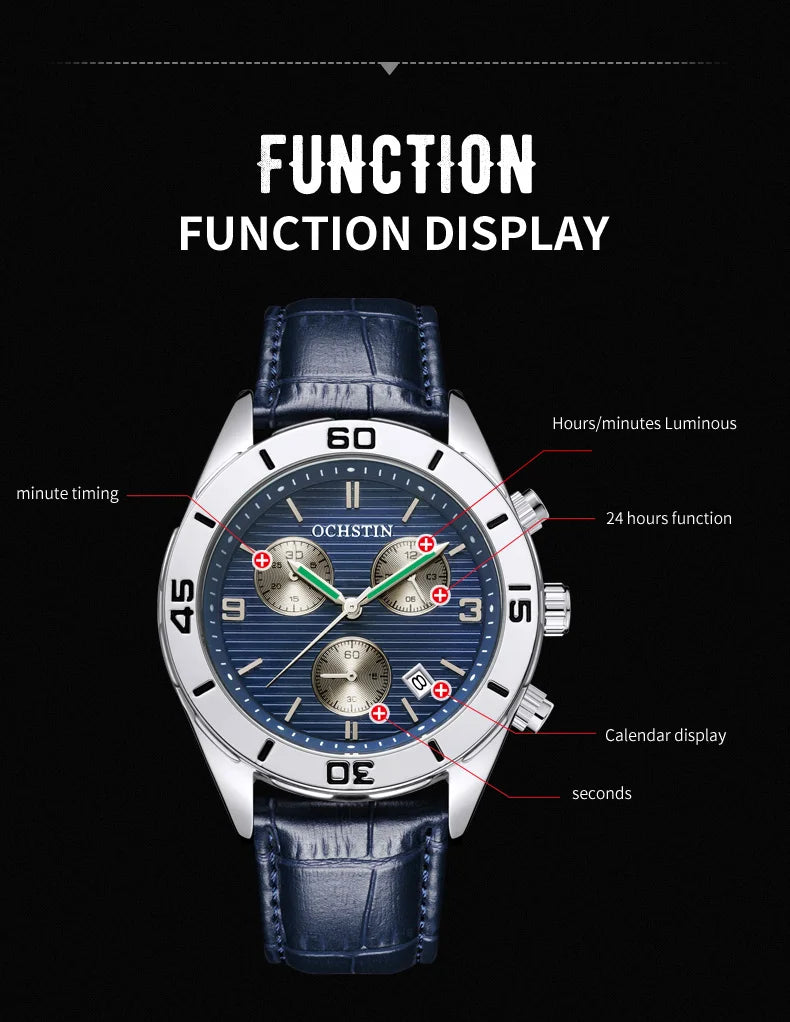 OCHSTIN Men's Watches Top Brand Sport Men Wrist Watch Leather Quartz Watch Sports Waterproof Male Clock Chronograph Function
