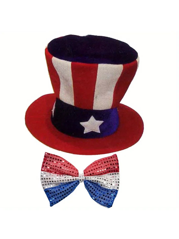 Holiday clothing accessories include Uncle Sam hat and bow tie top hat Flag clothing Patriotic accessories party party wear