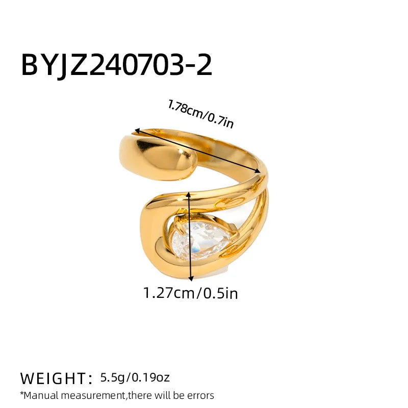 18K Gold Plated Stainless Steel Water Drop Shaped Large Zircon Opening Ring Anti Allergic Women Waterproof Statement Jewelry