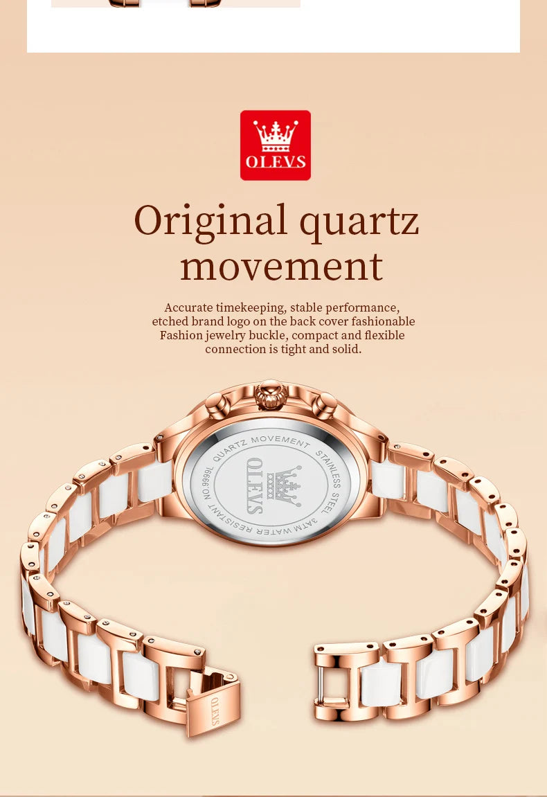 OLEVS Diamond Quartz Watch for Women Luxury Elegant Ceramics Strap Rhombic Mirror Ladies Wristwatch Waterproof Chronograph Clock