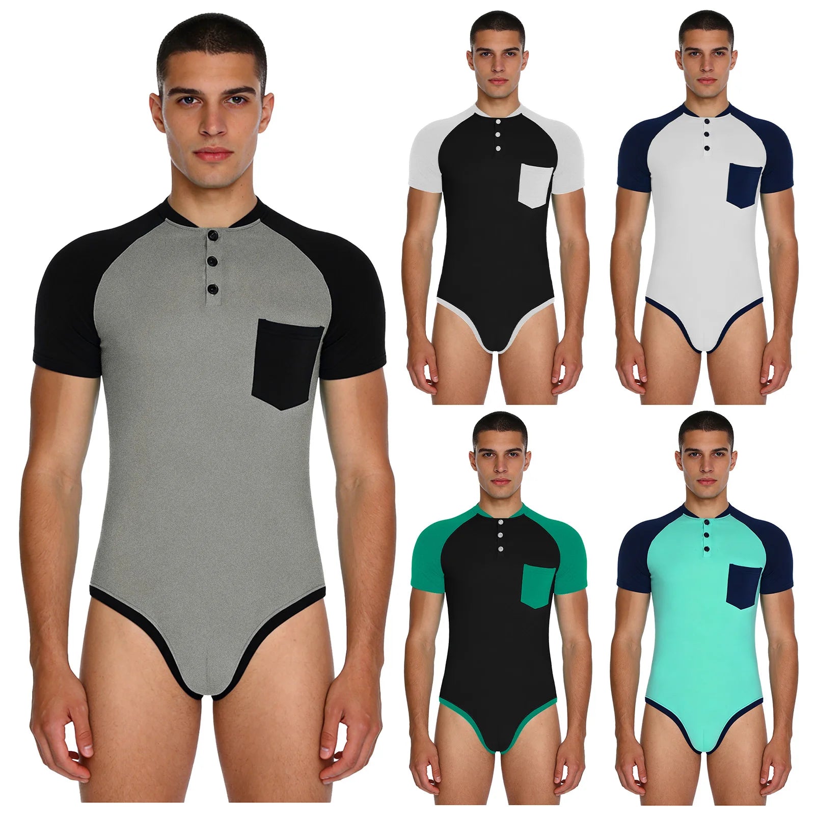 Men Workout Fitness Gym Sport Bodysuit Short Sleeve Openable Crotch Patchwork Jumpsuit for Workout Gym Sports Swimming Outfits