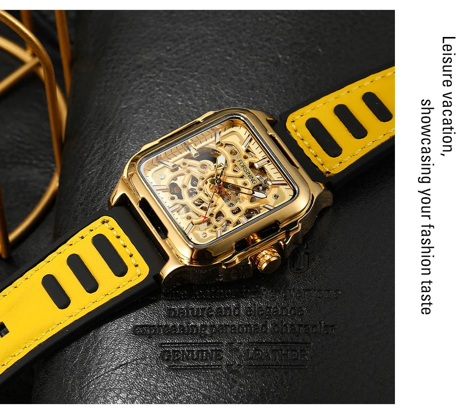 FORSINING Original Square Skeleton Mechanical Man Wristwatches Automatic Movement Field Sports Waterproof Silicone Replica Watch