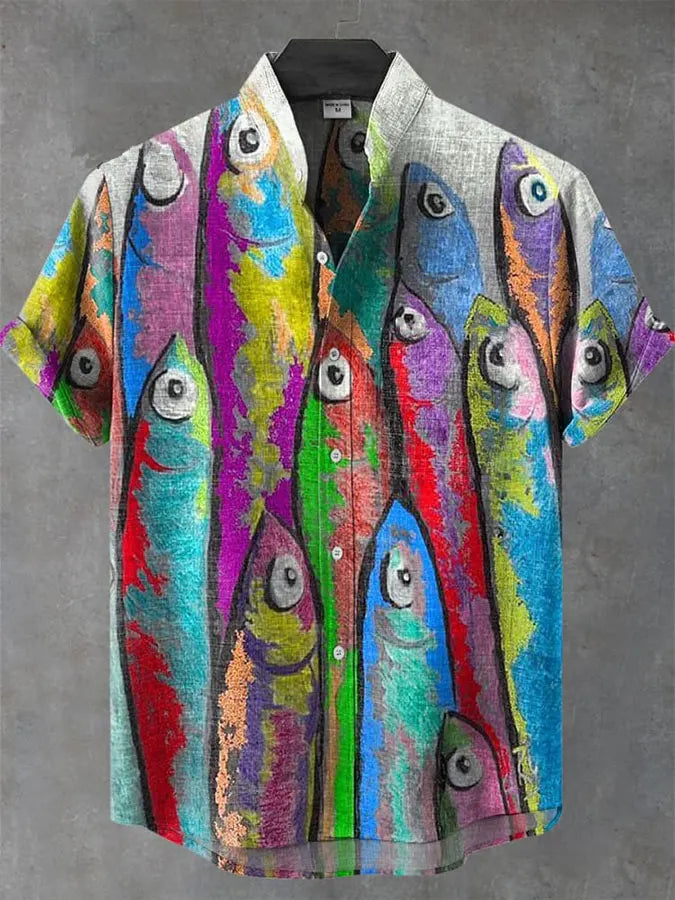 Fashion Men's Casual Sea Life Graphic Short Sleeve Shirt Button Down Lapel Shirts Oversized Tops Casual Hawaiian Shirt for Man
