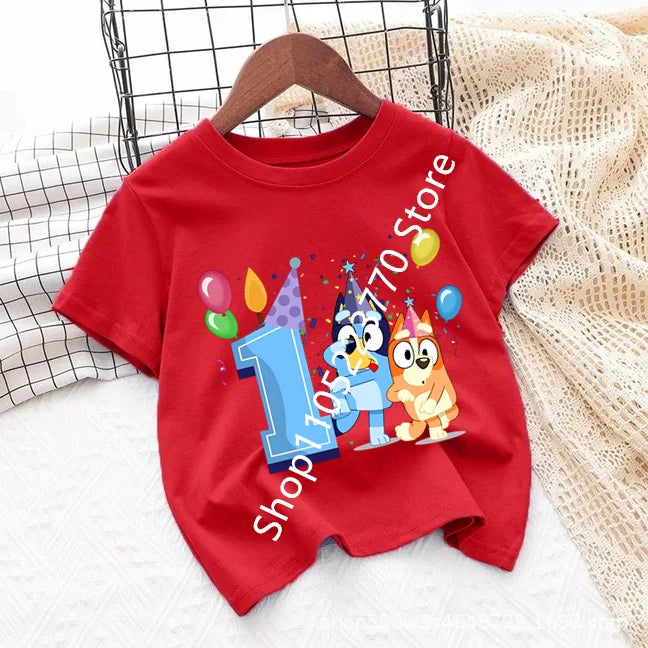 Bluey Baby Birthday T Shirt for Boys Girl Bingo Number Kids Clothes Summer Cartoon Letter Tees Shirts Toddler Short Sleeve Tops