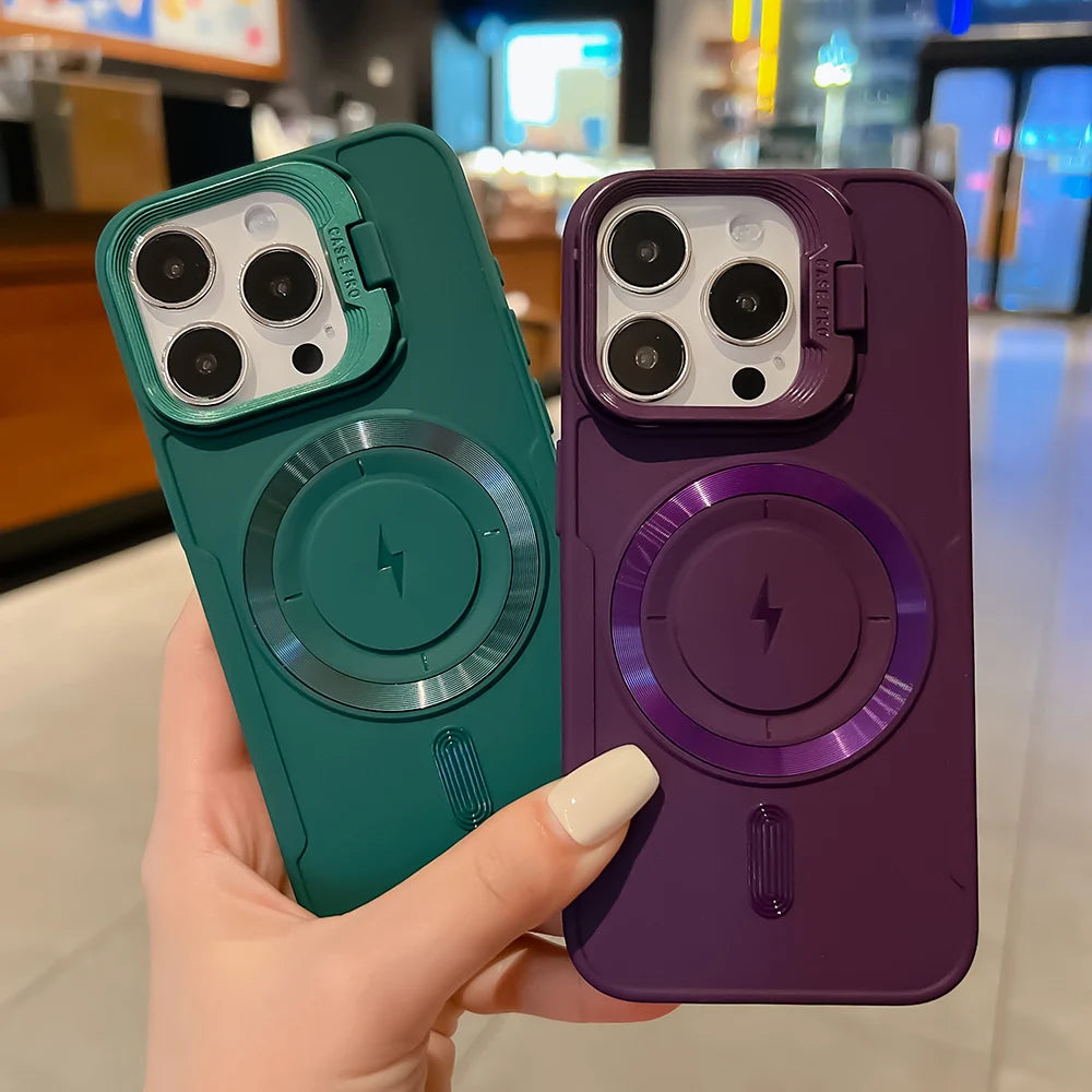 Luxury Flip Up Lens Holder Magnetic Case For iPhone 17 Air 16 Pro Max 14 15 13 12 11 Pro Plus Magsafe Charge Soft Silicone Cover